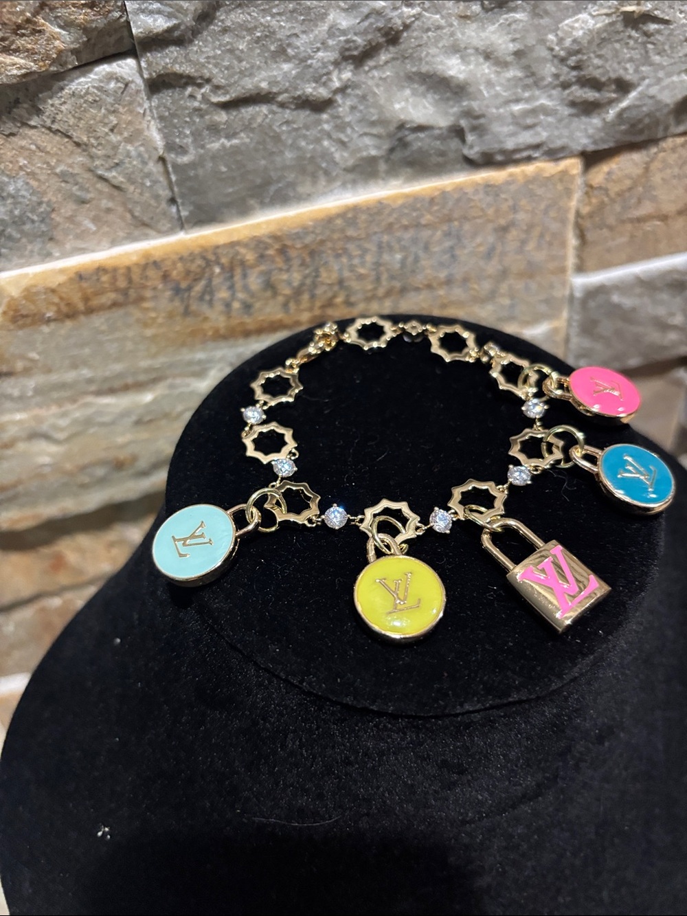 Gold Charm Bracelet with Pink, Blue, Yellow & Lime LV charms - Picture 3 of 5